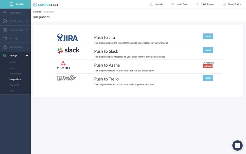 Lambdatest integrations testing