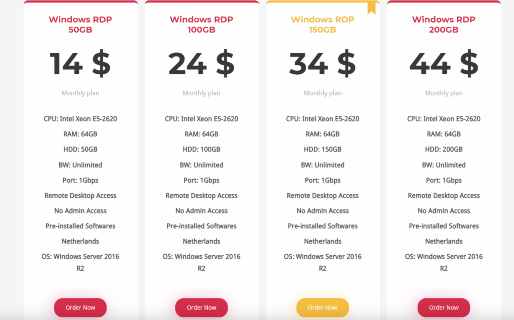 1Gbits - RDP Servers Pricing