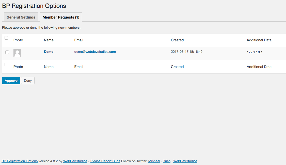 Buddypress register option page