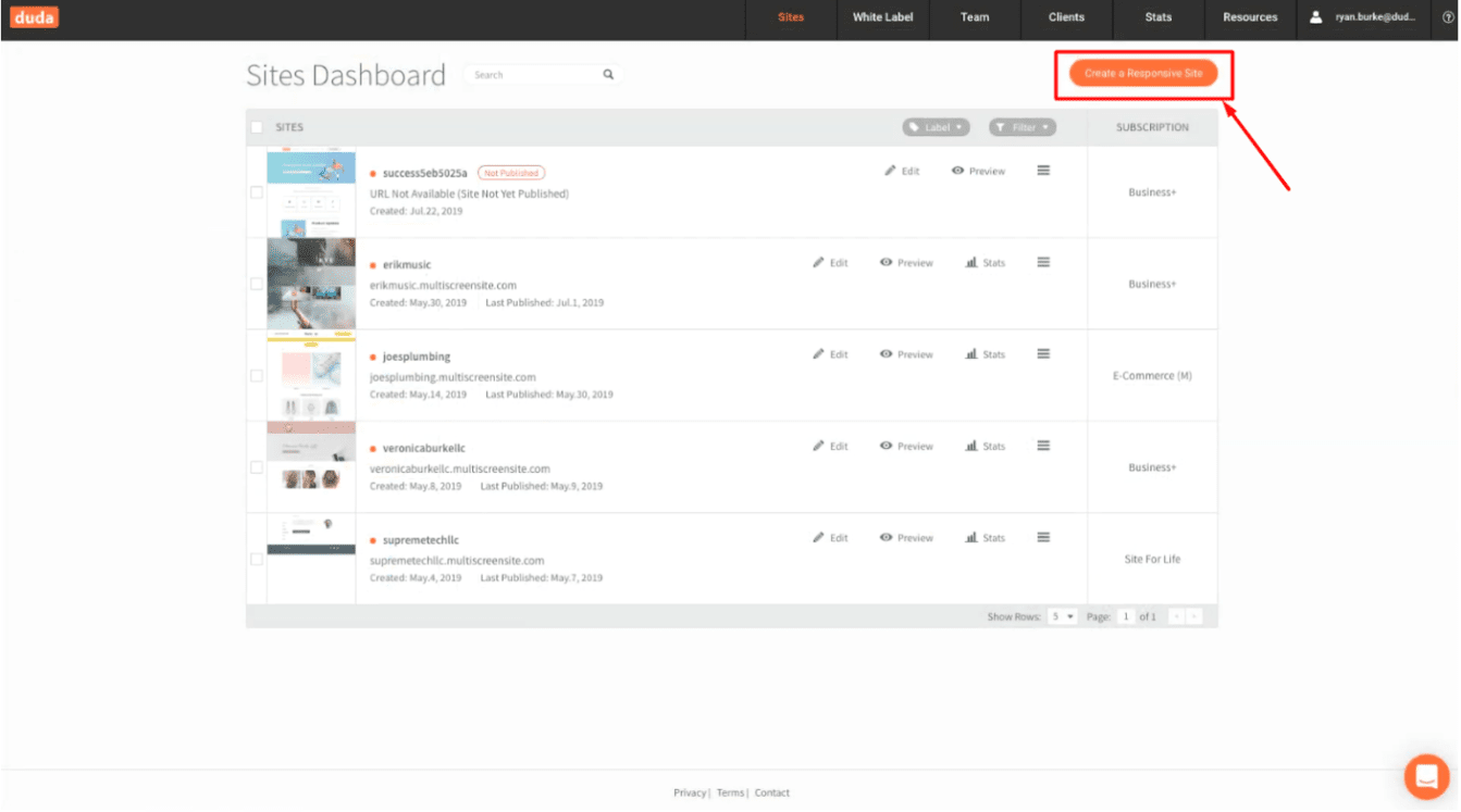 Click 'Create a responsive Site' on the dashboard