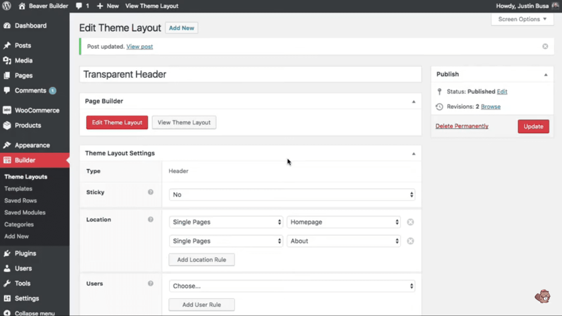 Beaver Builder Transparent Header